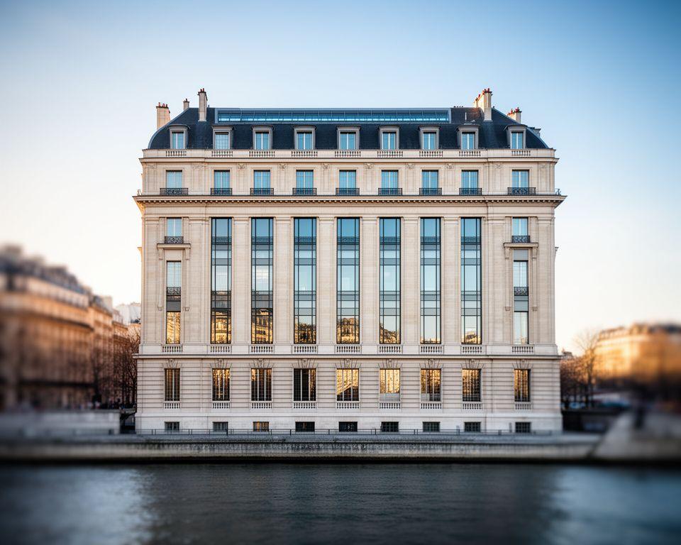 Façade élégante d’un cabinet d’avocats parisien au bord de la Seine, avec une vitrine sobre et une lumière de fin d’après-midi