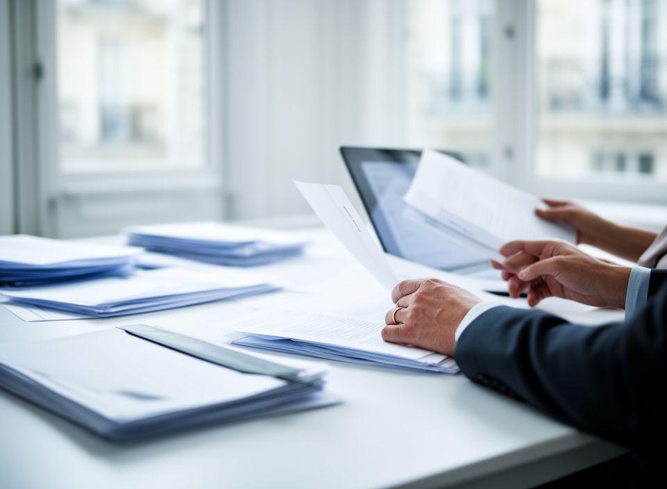 Legal professionals reviewing privacy documentation in a bright Paris office with paper files and a laptop