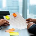 Business owner and counsel reviewing a contract marked with sticky notes in a modern meeting room with a city view
