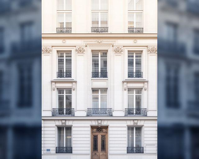 Façade élégante d'un cabinet d'avocats à Paris avec lumière naturelle et détails architecturaux en pierre