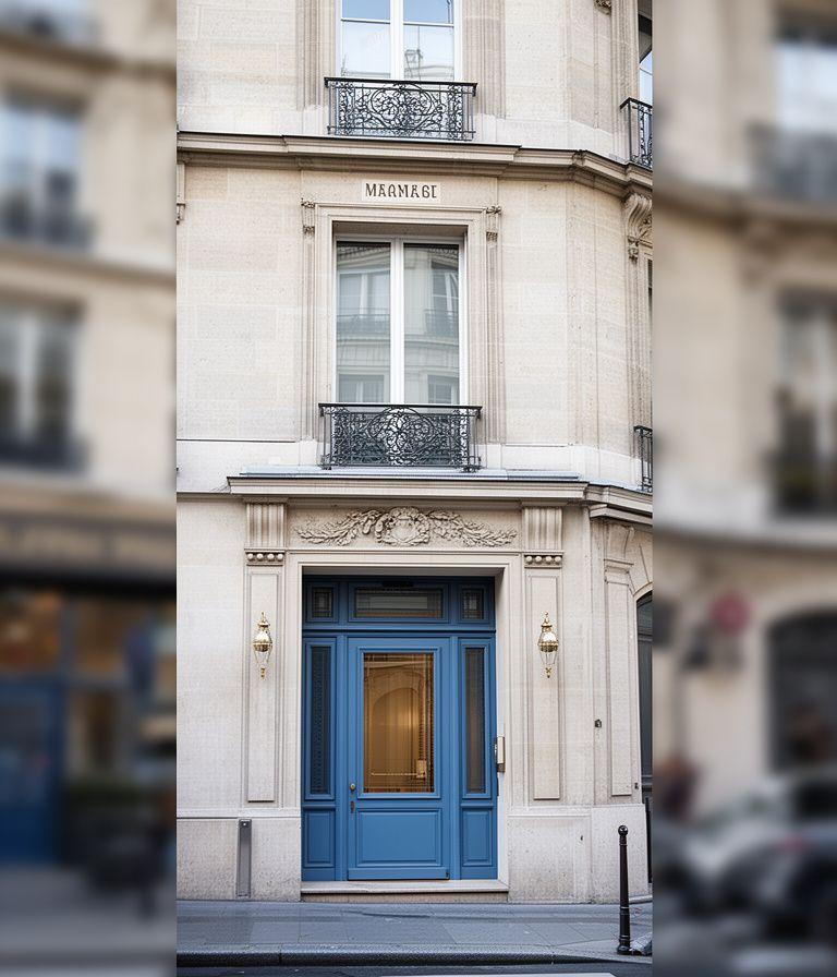 Façade élégante d'un cabinet d'avocats à Paris avec lumière naturelle et entrée en pierre