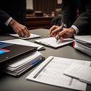Litigation strategy session with evidence binders, a courtroom timetable, and two counsel comparing handwritten notes