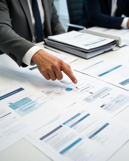 Corporate boardroom with sustainability reports, handwritten notes, and a lawyer pointing at a compliance timeline