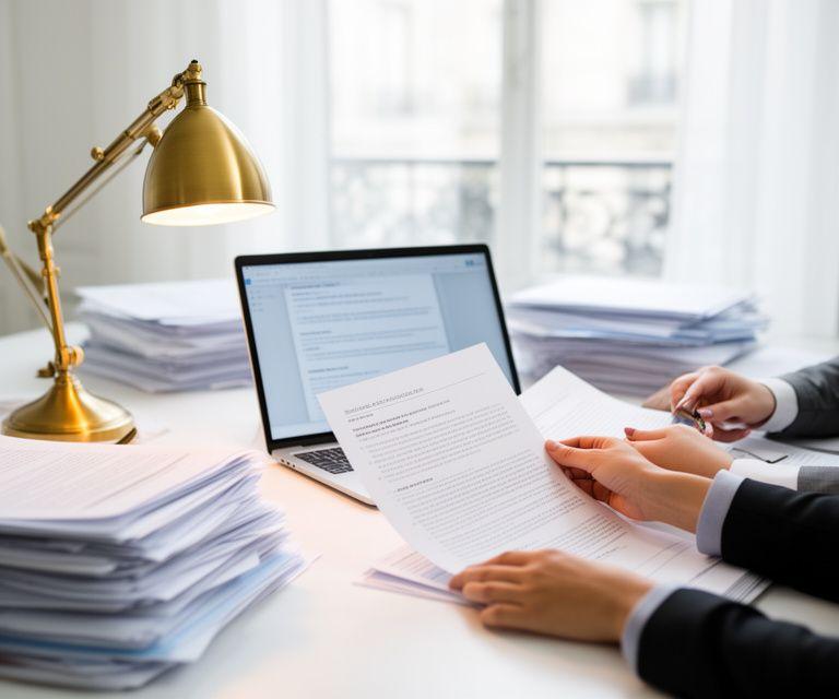 Legal team reviewing printed case notes and a laptop in a bright Paris office with files stacked beside a brass desk lamp